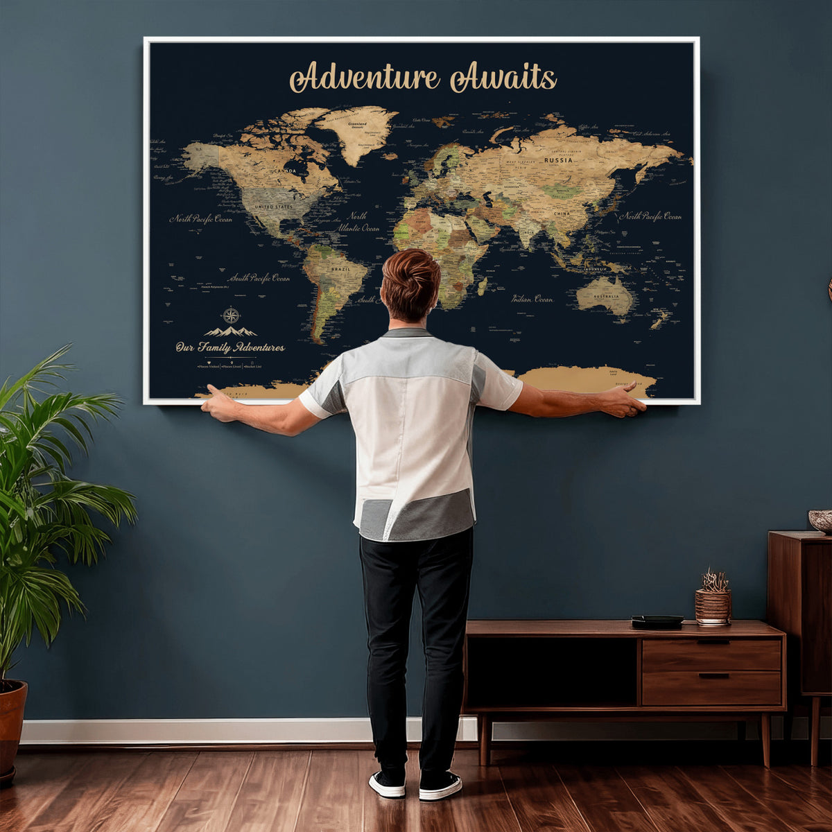 88994085-MGV-CV-36X24 - Our Family Adventures Push Pin World Map Wall Art Canvas Print - Family Travel Tracker Map with Pins