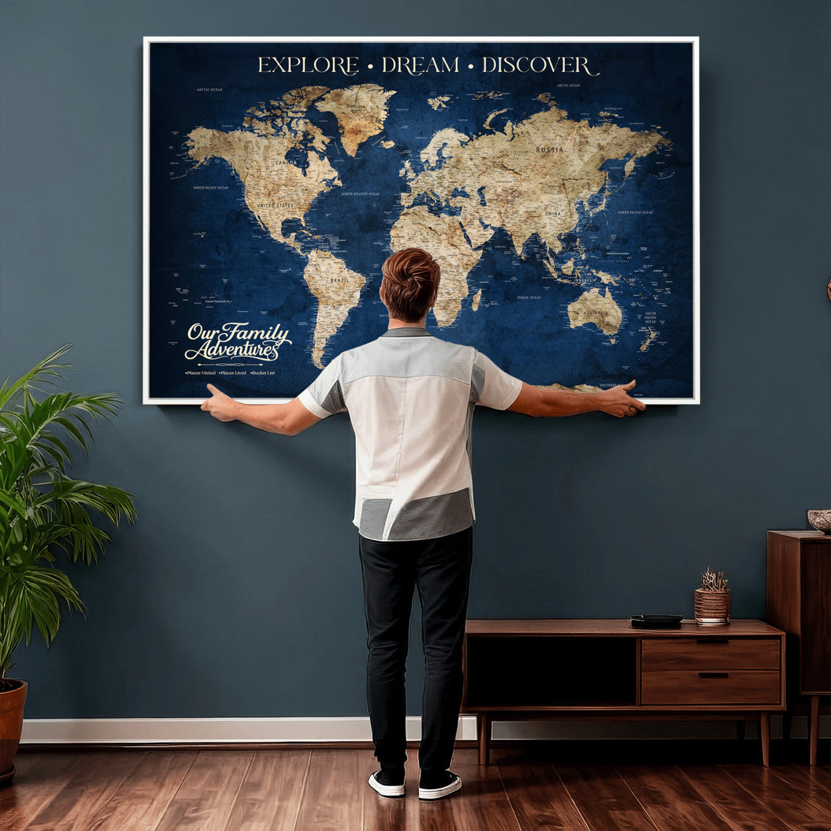 96125512-MGV-CV-36X24 - Our Family Adventures Push Pin World Map Wall Art Canvas Print - Family Travel Tracker Map with Pins
