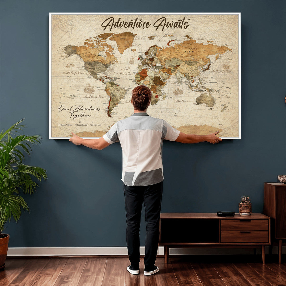94237870-MGV-CV-36X24 - Our Family Adventures Push Pin World Map Wall Art Canvas Print - Family Travel Tracker Map with Pins