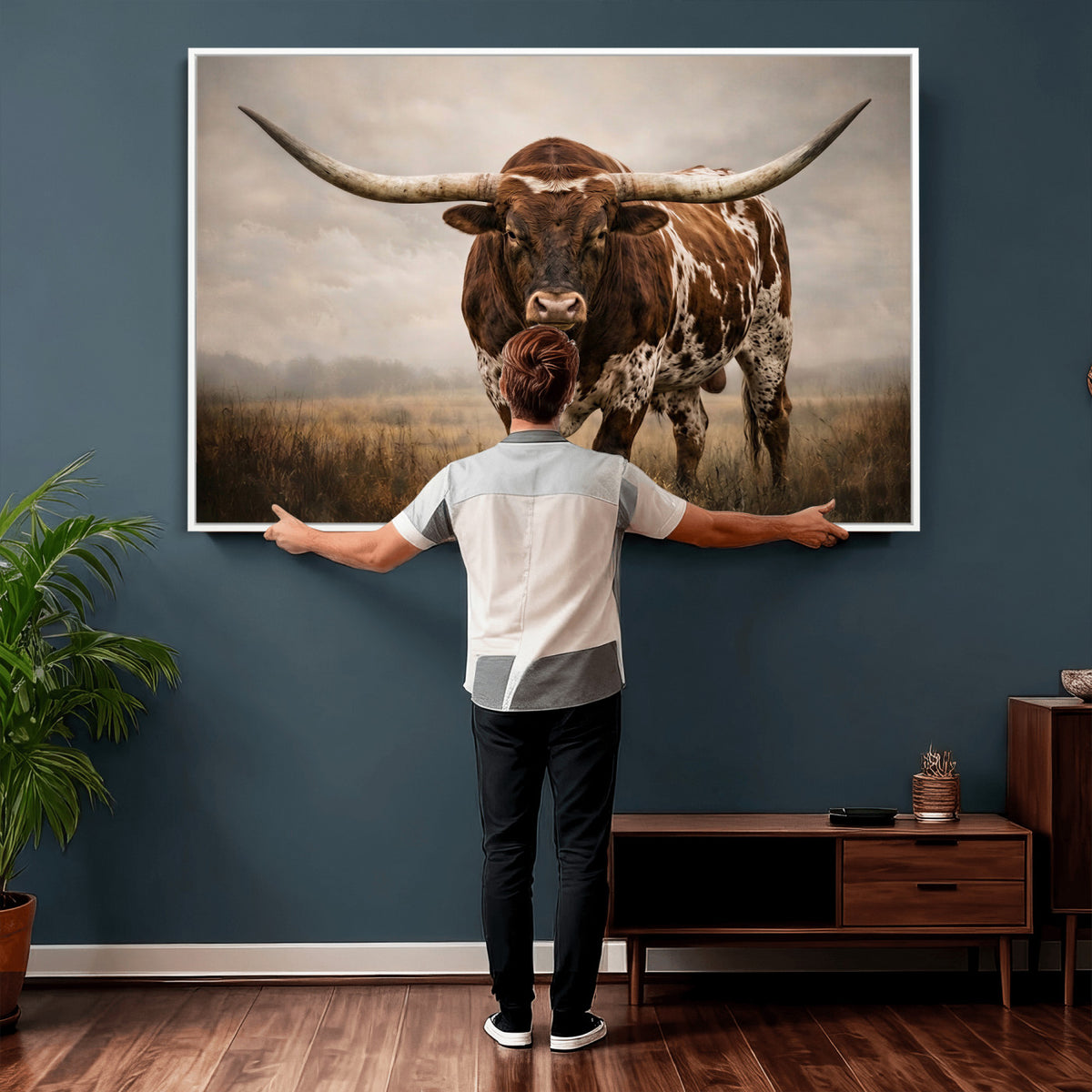 25239047A-MGV-CV-36X24 - Texas Longhorn Canvas Wall Art Western Bull Desert Moody Grey Overcast Rustic Farmhouse Framed Large for Living Room Bedroom Office Decor