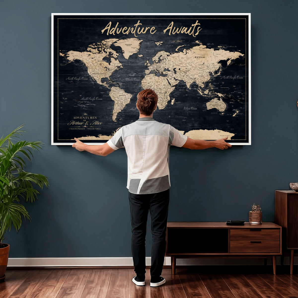 688173822-MGV-CV-36X24 - Extra Large Vintage Personalized Push Pin World Map Wall Art Canvas Print