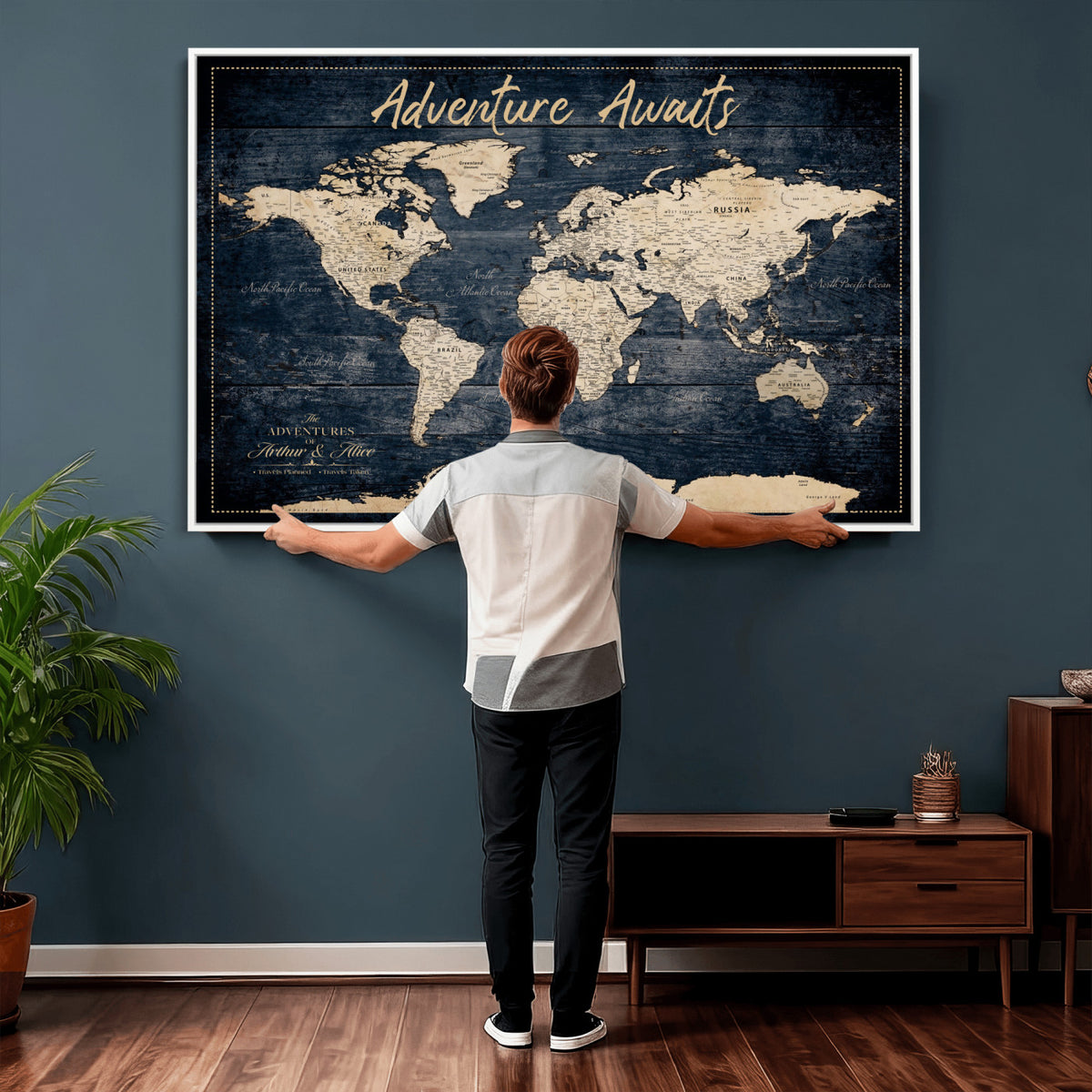 68817382-MGV-CV-36X24 - Extra Large Vintage Personalized Push Pin World Map Wall Art Canvas Print