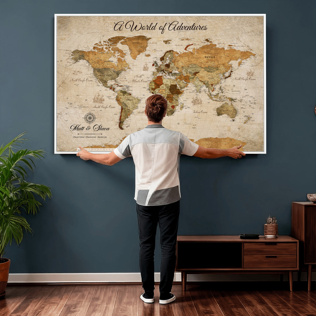 88768647-MGV-CV-36X24 - Extra Large Framed Personalize Push Pin World Map Wall Art Canvas Print for Travel Tracking