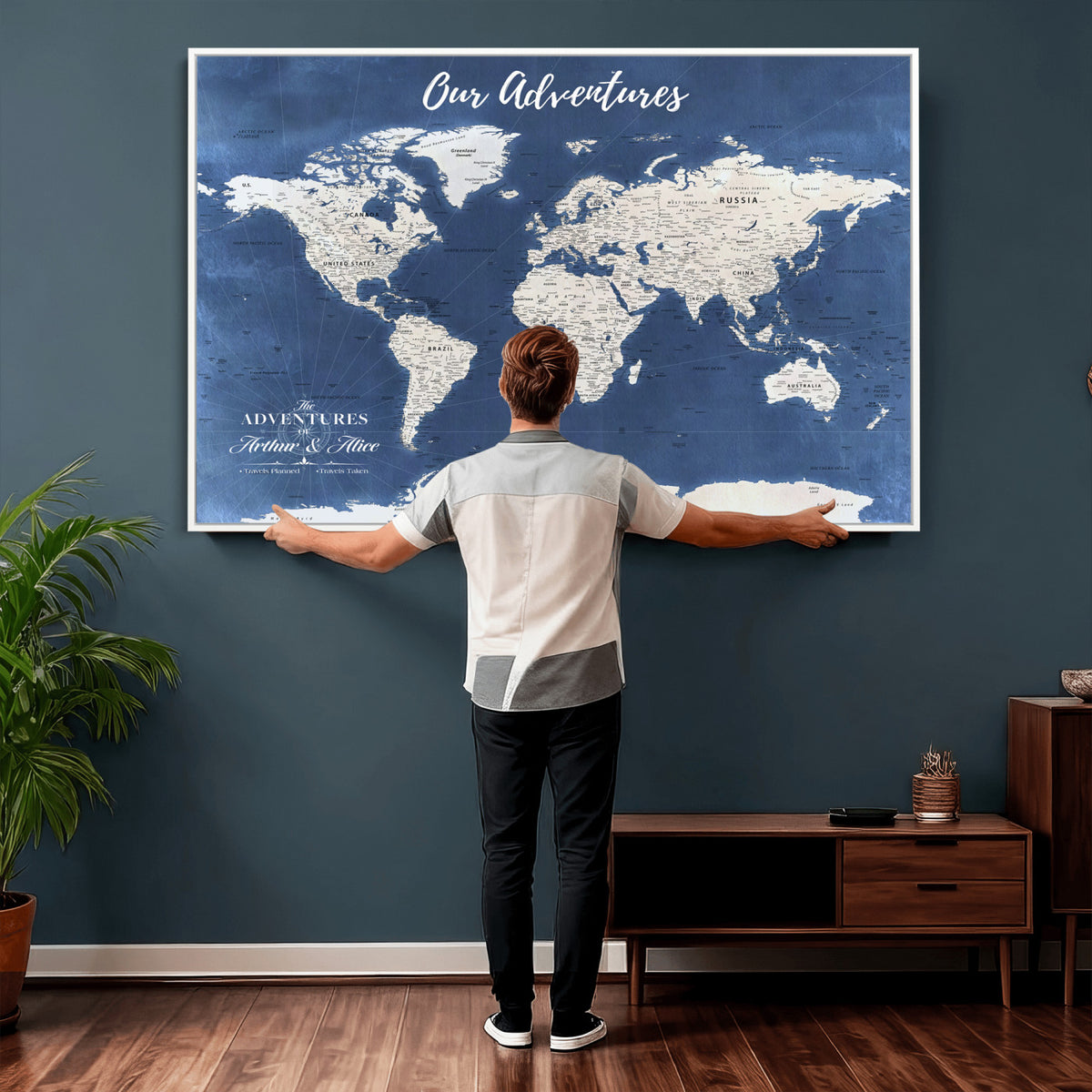 75405527-MGV-CV-36X24 - Extra Large Framed Personalize Push Pin World Map Wall Art Canvas Print for Travel Tracking