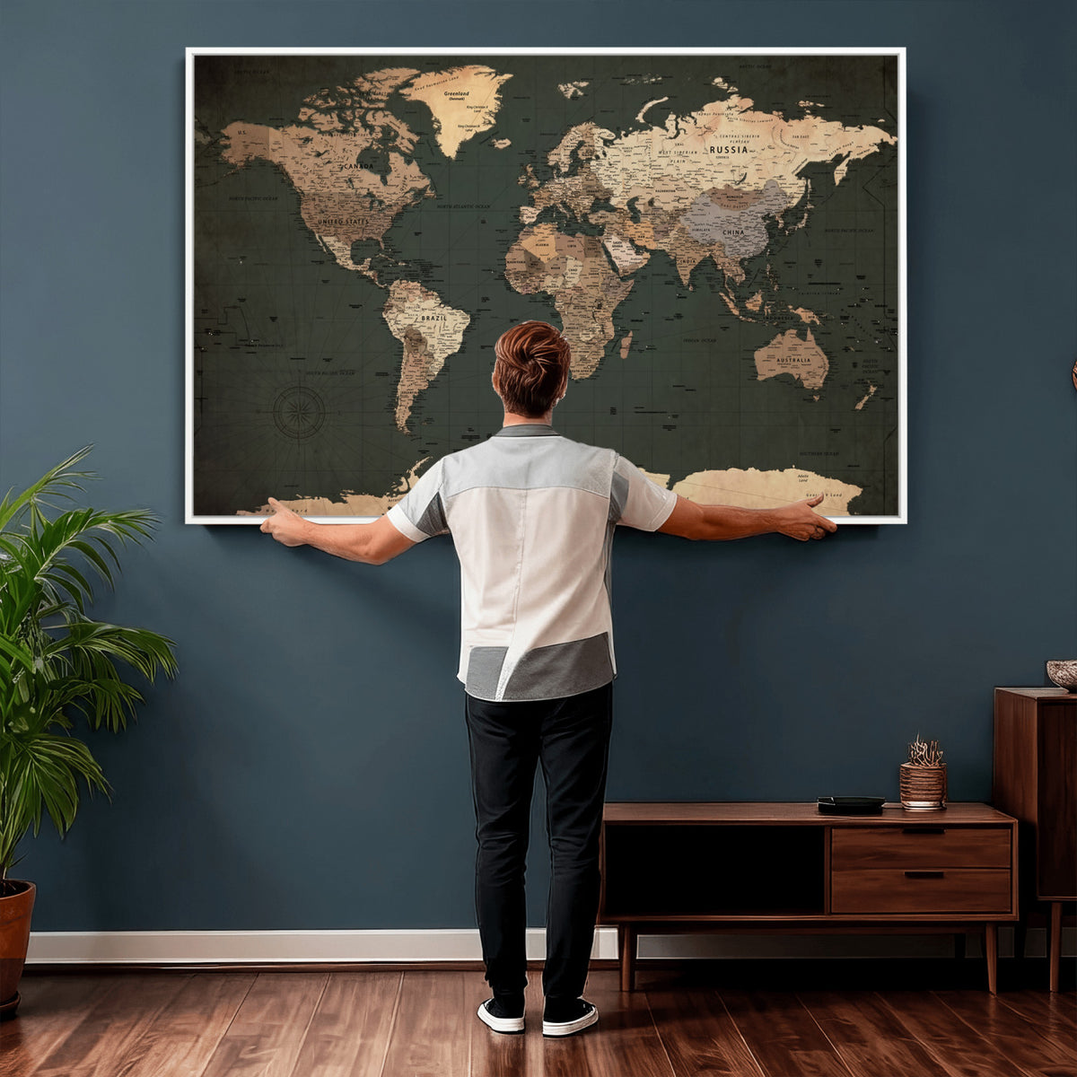 42327656-MGV-CV-36X24 - Extra Large Framed Personalize Push Pin World Map Wall Art Canvas Print for Travel Tracking