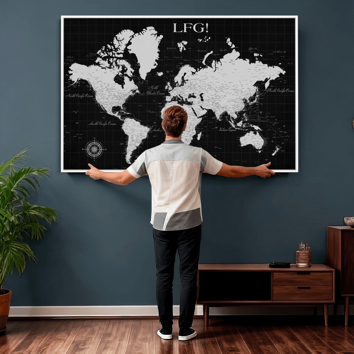 68209291-MGV-CV-36X24 - Extra Large Framed Personalize Push Pin World Map Wall Art Canvas Print for Travel Tracking
