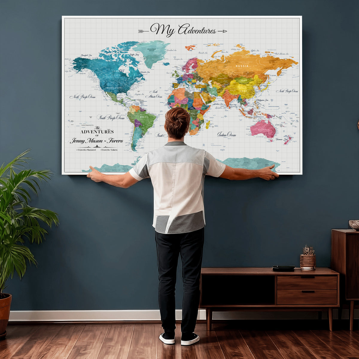 66743043-MGV-CV-36X24 - Extra Large Framed Personalize Push Pin World Map Wall Art Canvas Print for Travel Tracking