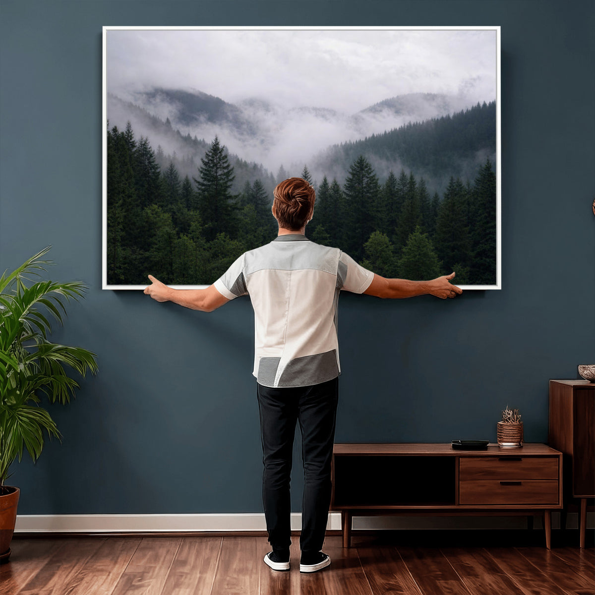 25432119-_Poster-30x20 - Misty Mountain Pine Forest Canvas Print 3 Piece Framed Wall Art Extra Large Floating Frame Nature Poster Made in USA
