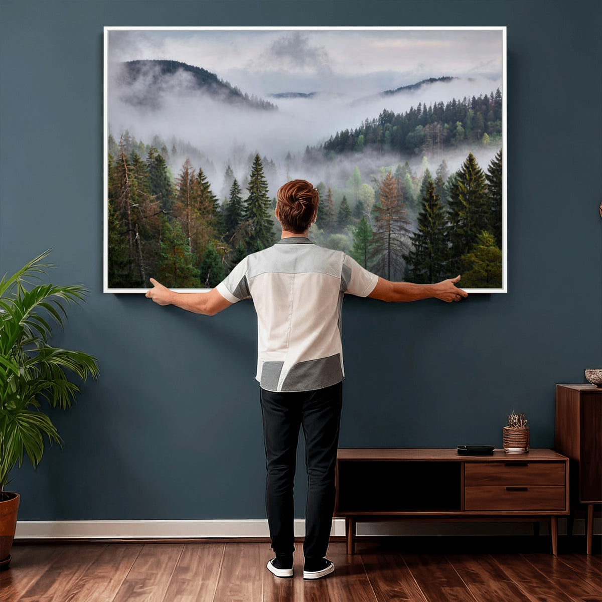 18735847-_Poster-30x20 - Foggy Pine Forest Mountain Canvas Print 3 Piece Framed Wall Art Extra Large Floating Frame Nature Poster Made in USA