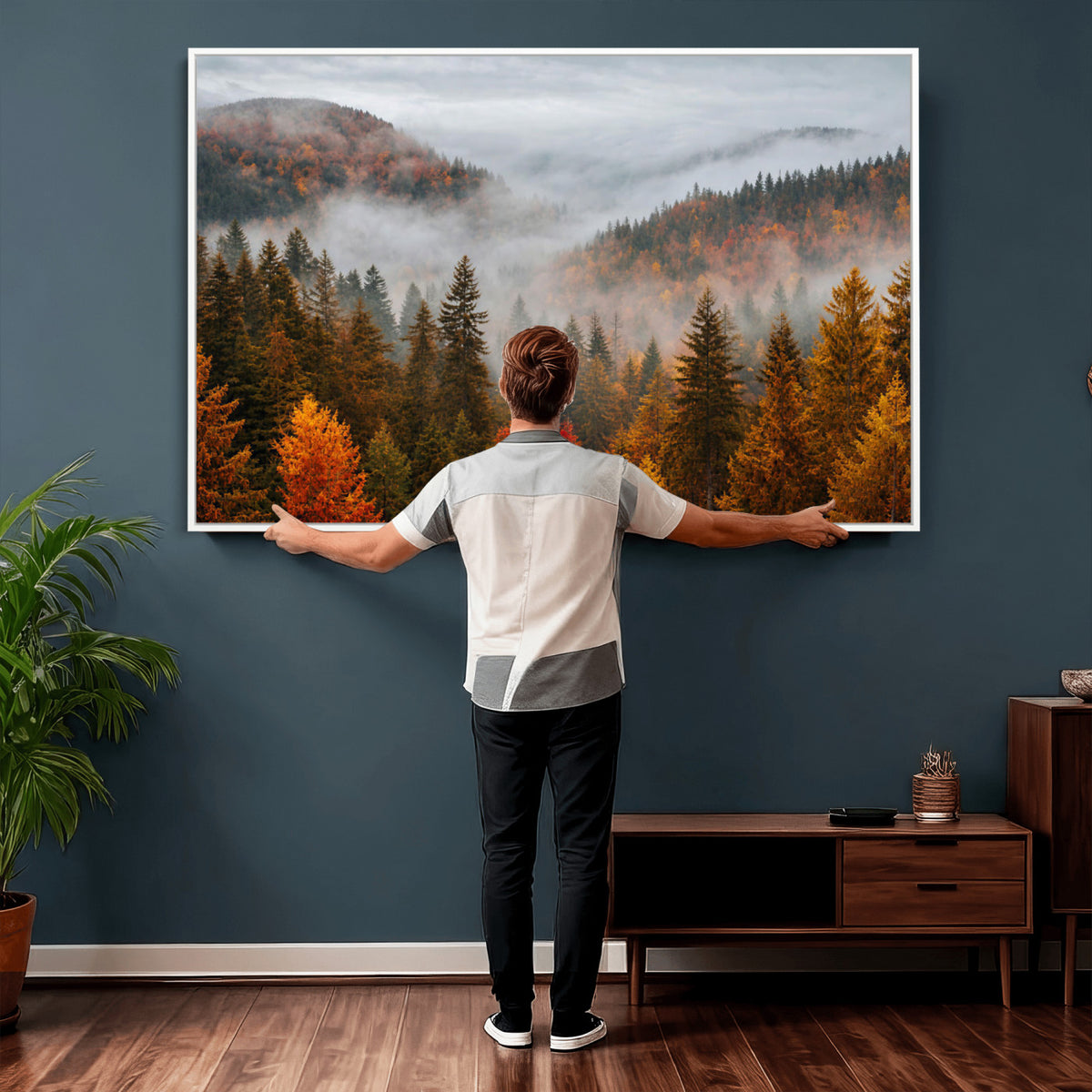 87481341-_Poster-30x20 - Foggy Autumn Mountain Canvas Print Smoky Pine Forest Wall Art Panoramic Nature Poster 3 Piece Made in USA