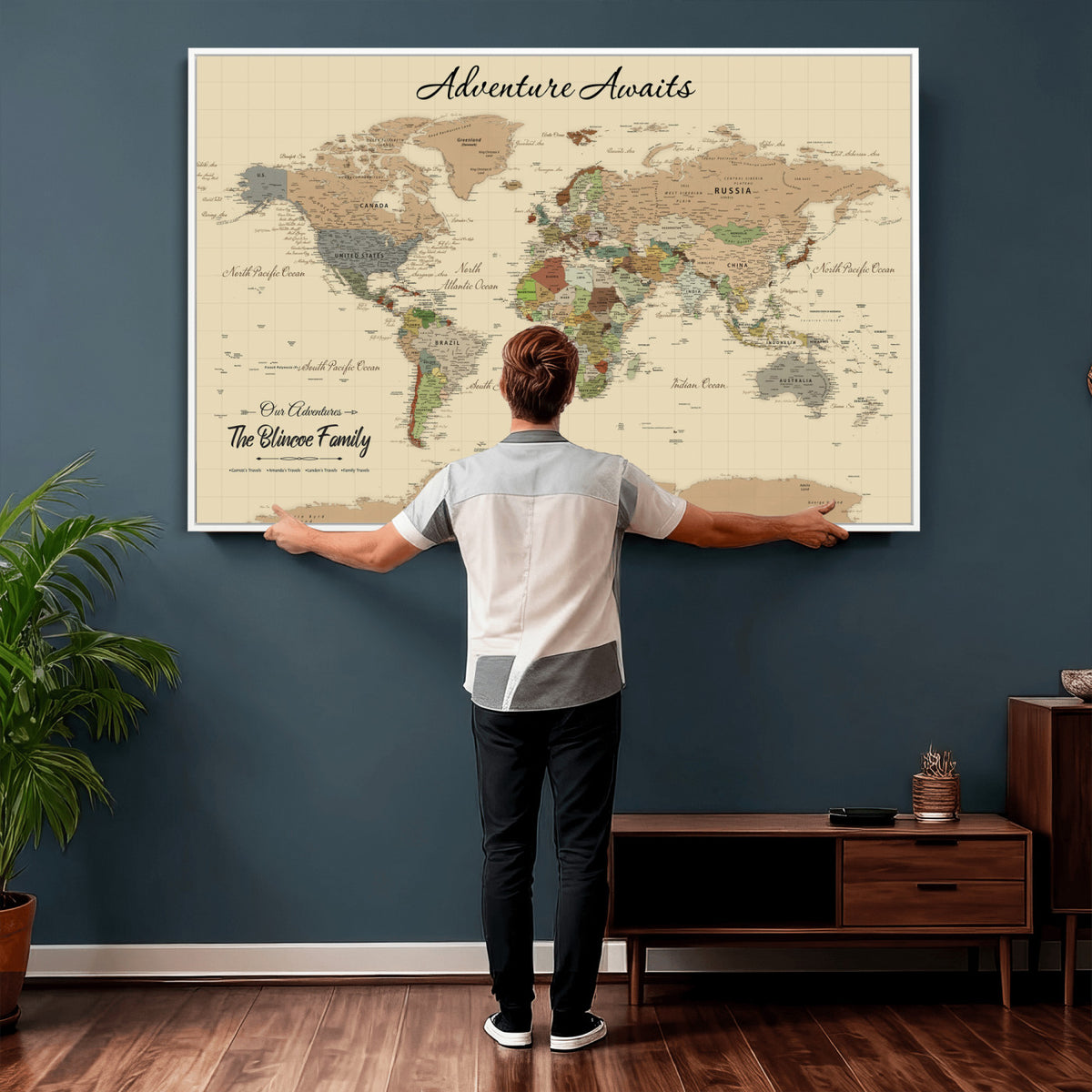 25730261D-MGV-CV-36X24 - Custom Push Pin World Map Wall Art Canvas Print | Personalized Travel Tracker with Pins Framed Large for Home and Office Decor