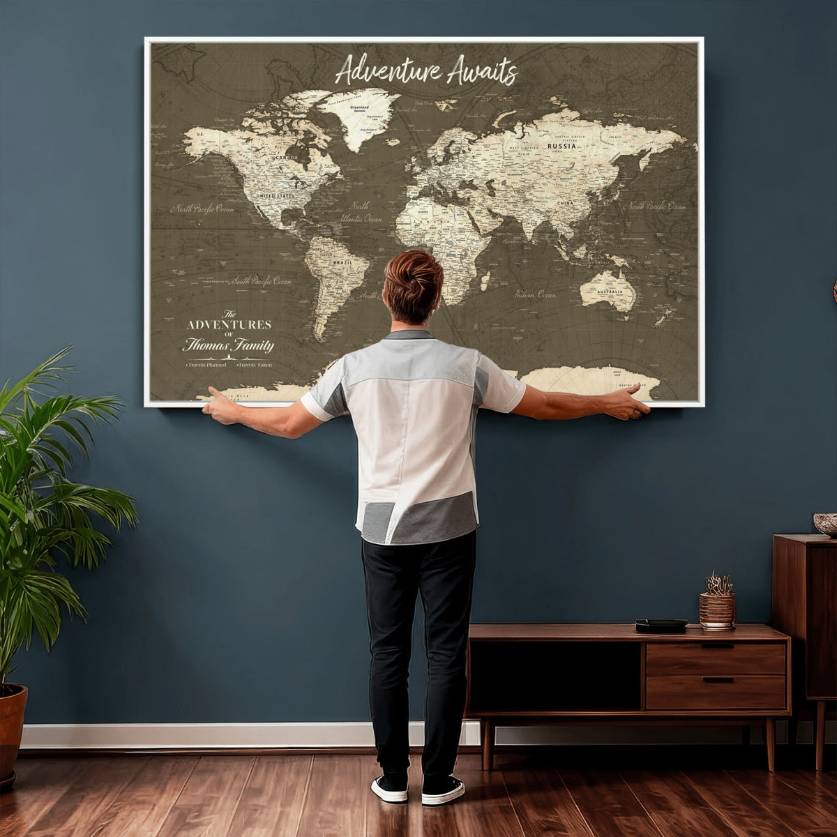 27762875D-MGV-CV-36X24 - Custom Push Pin World Map Wall Art Canvas Print | Personalized Travel Tracker with Pins Framed Large for Home and Office Decor