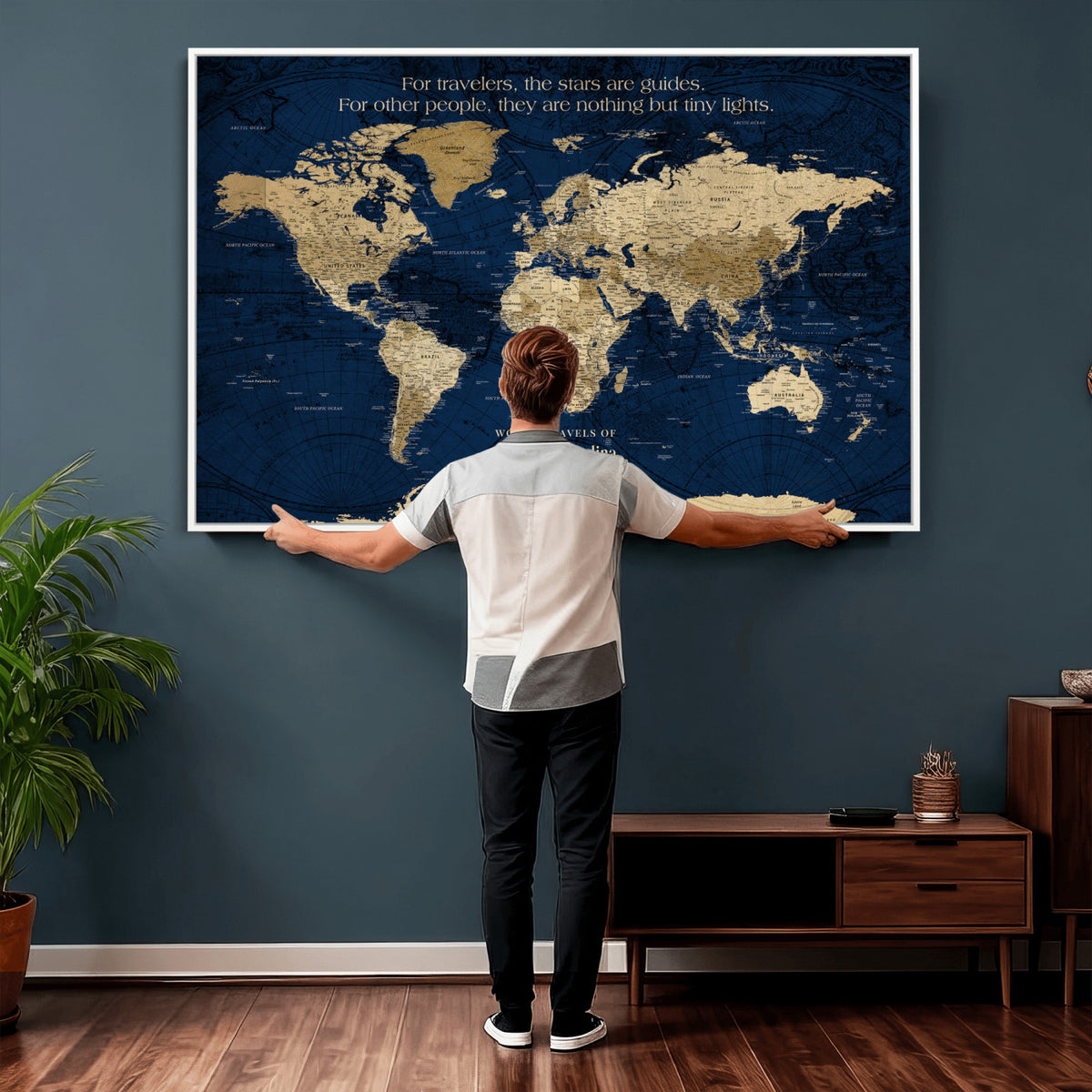 71667510D-MGV-CV-36X24 - Custom Push Pin World Map Wall Art Canvas Print | Personalized Travel Tracker with Pins Framed Large for Home and Office Decor