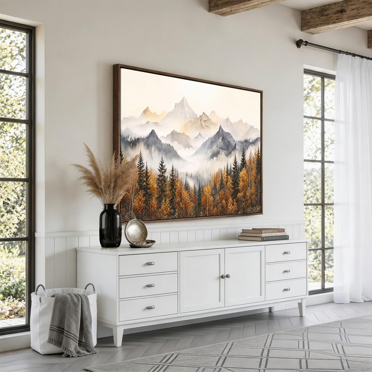 19544118-_Poster-30x20 - Misty Mountain Autumn Forest Canvas Wall Art - Watercolor Fall Nature Landscape Print