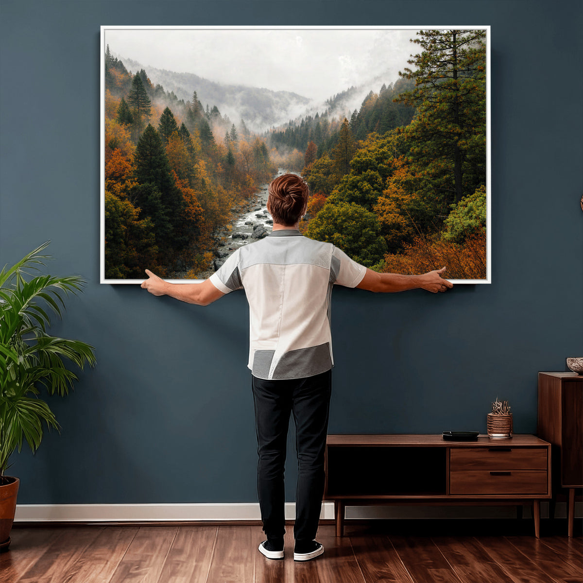 95540697-MGV-TP-30X20 - Misty River Mountain Valley Canvas Wall Art - Autumn Forest Landscape Nature Print