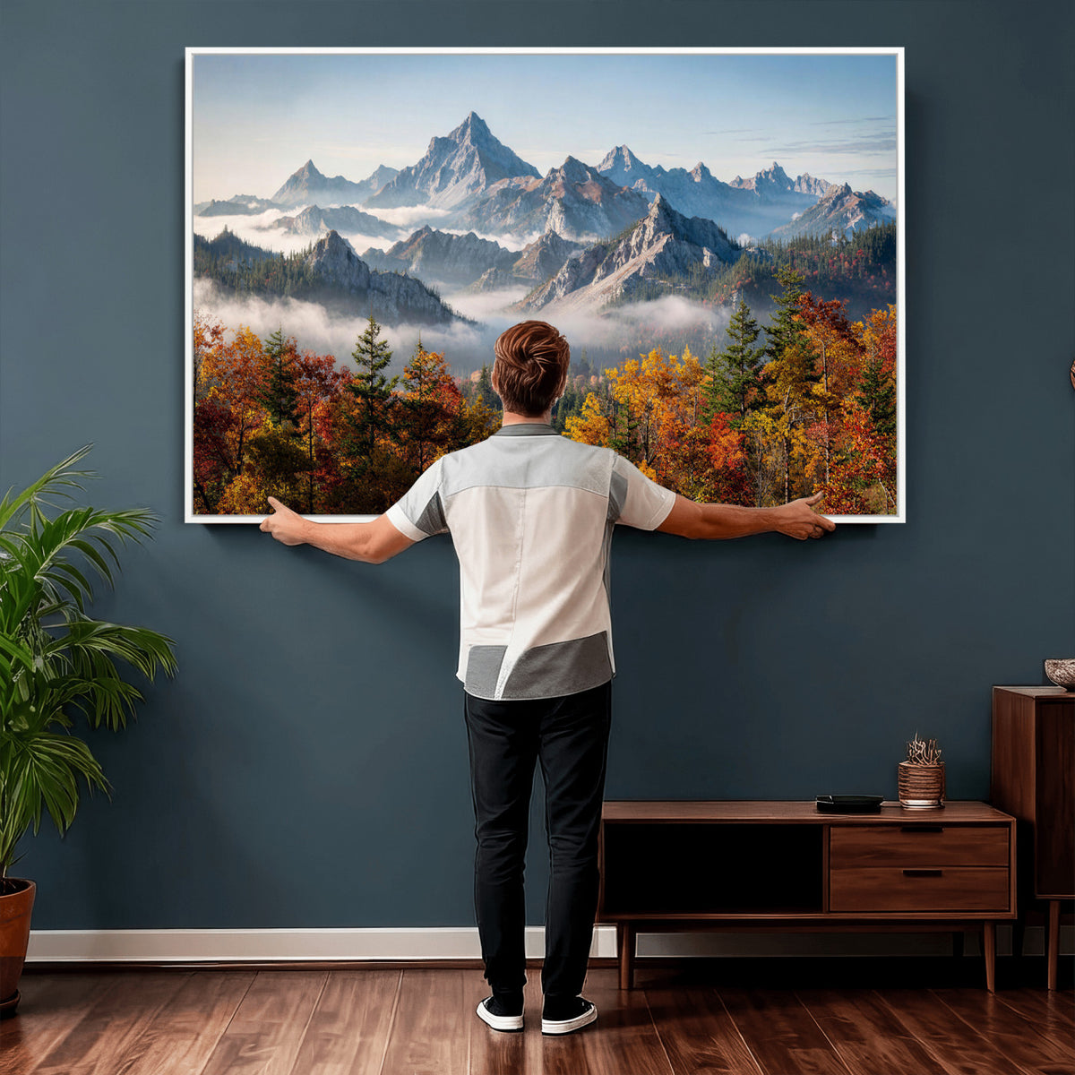 38847944-MGV-TP-30X20 - Majestic Mountain Peak Canvas Wall Art - Panoramic Autumn Forest Fog Landscape Print