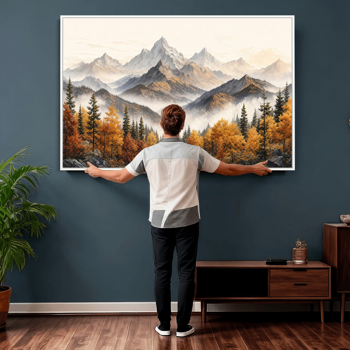 21309099-MGV-TP-30X20 - Extra Large Misty Mountain Autumn Forest Canvas Wall Art - Watercolor Fall Nature Landscape Print