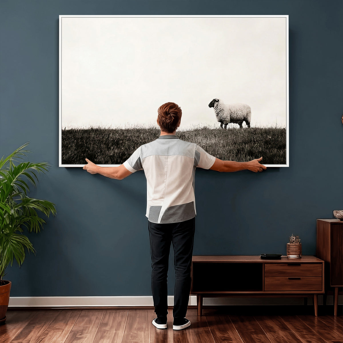 72749448-MGV-TP-30X20 - Minimalist Sepia Sheep Canvas Wall Art - Rustic Farmhouse Country Landscape Print