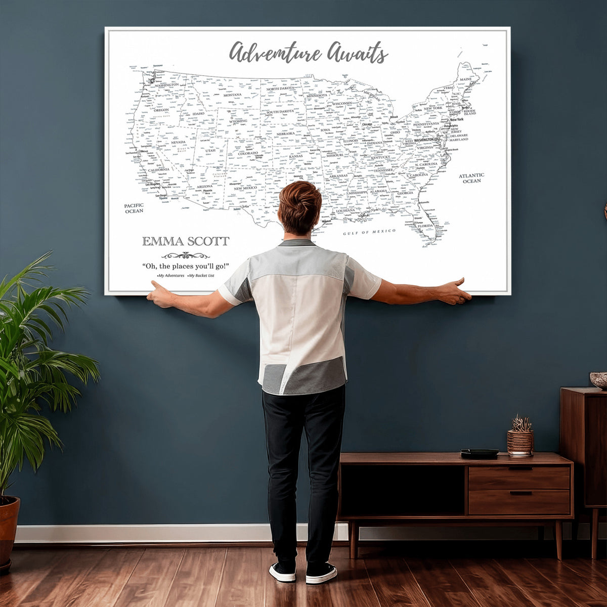 73634814-MGV-CV-36X24 - Custom USA Push Pin Travel Map Canvas Wall Art - Personalized Couples Gift Flat Digital Print