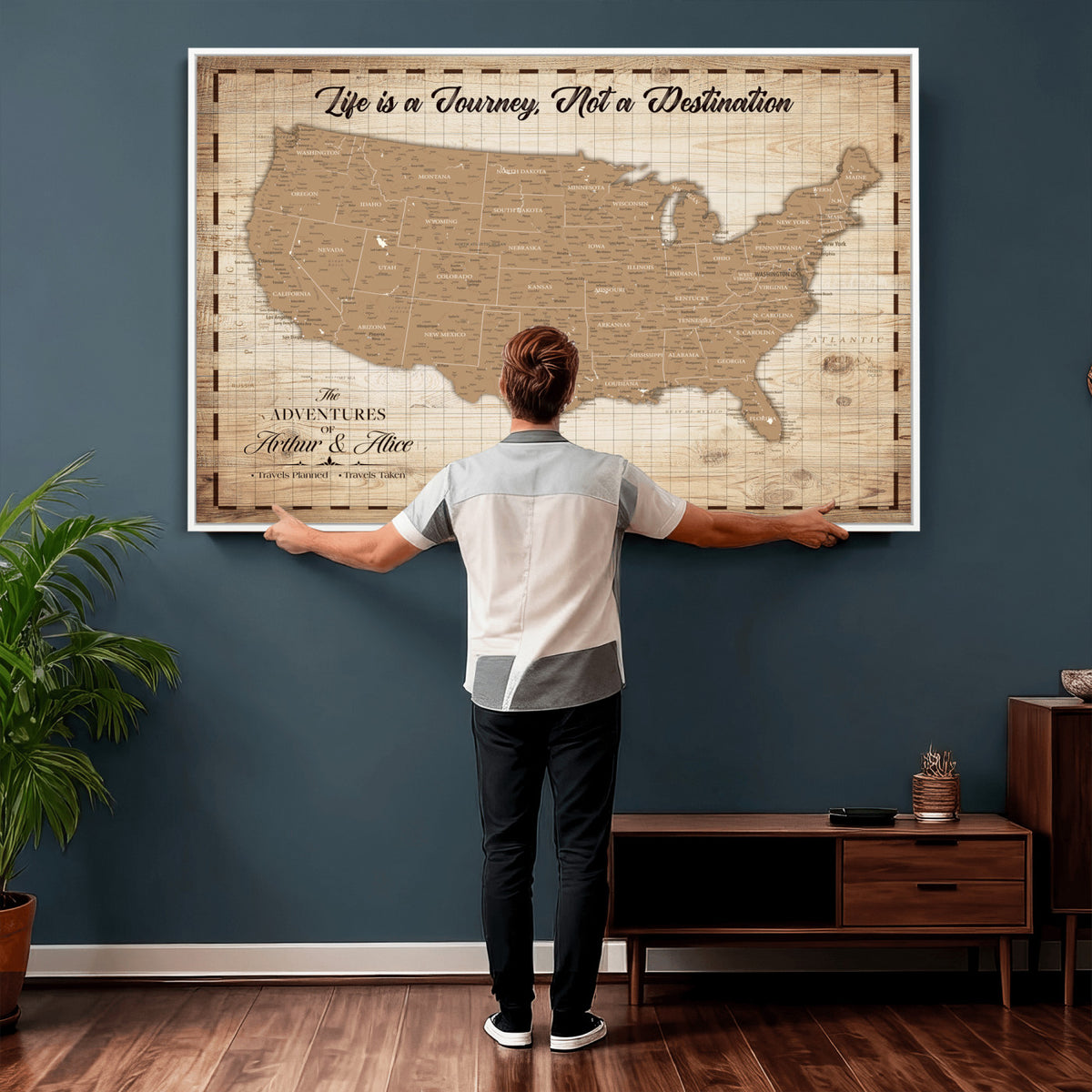 82934328-MGV-CV-36X24 - Custom USA Push Pin Travel Map Canvas Wall Art - Personalized Couples Gift Flat Digital Print