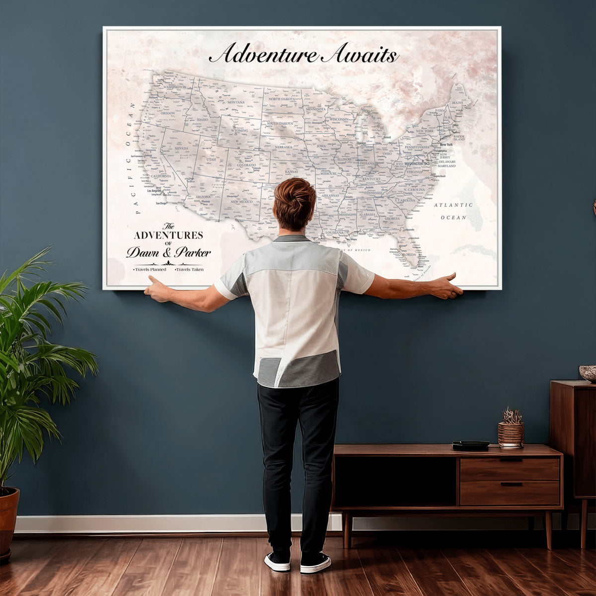 50687859-MGV-CV-36X24 - Custom USA Push Pin Travel Map Canvas Wall Art - Personalized Couples Gift Flat Digital Print