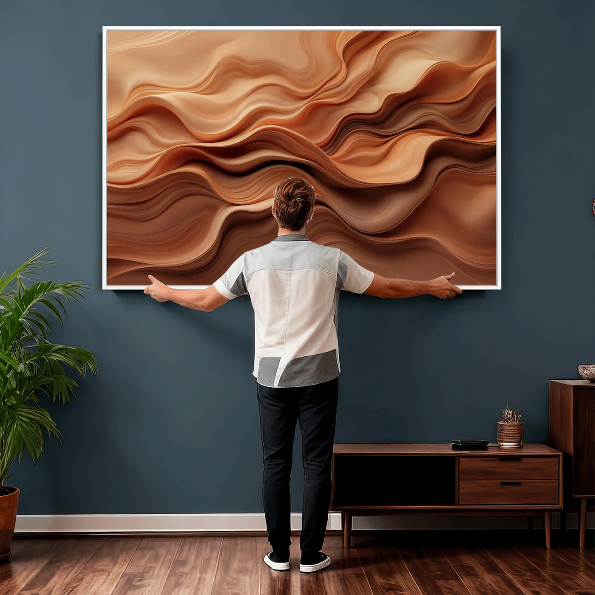 82230697-MGV-CV-36X24 - Modern Abstract Fluid Waves Canvas Wall Art - Minimalist Warm Terracotta Beige Sand Print