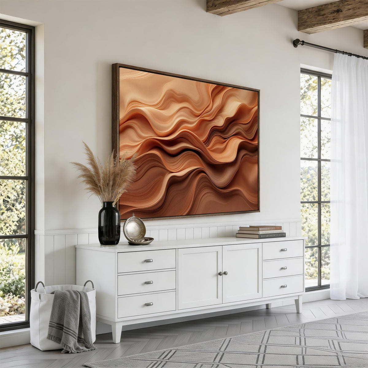 82230697-_Poster-30x20 - Modern Abstract Fluid Waves Canvas Wall Art - Minimalist Warm Terracotta Beige Sand Print