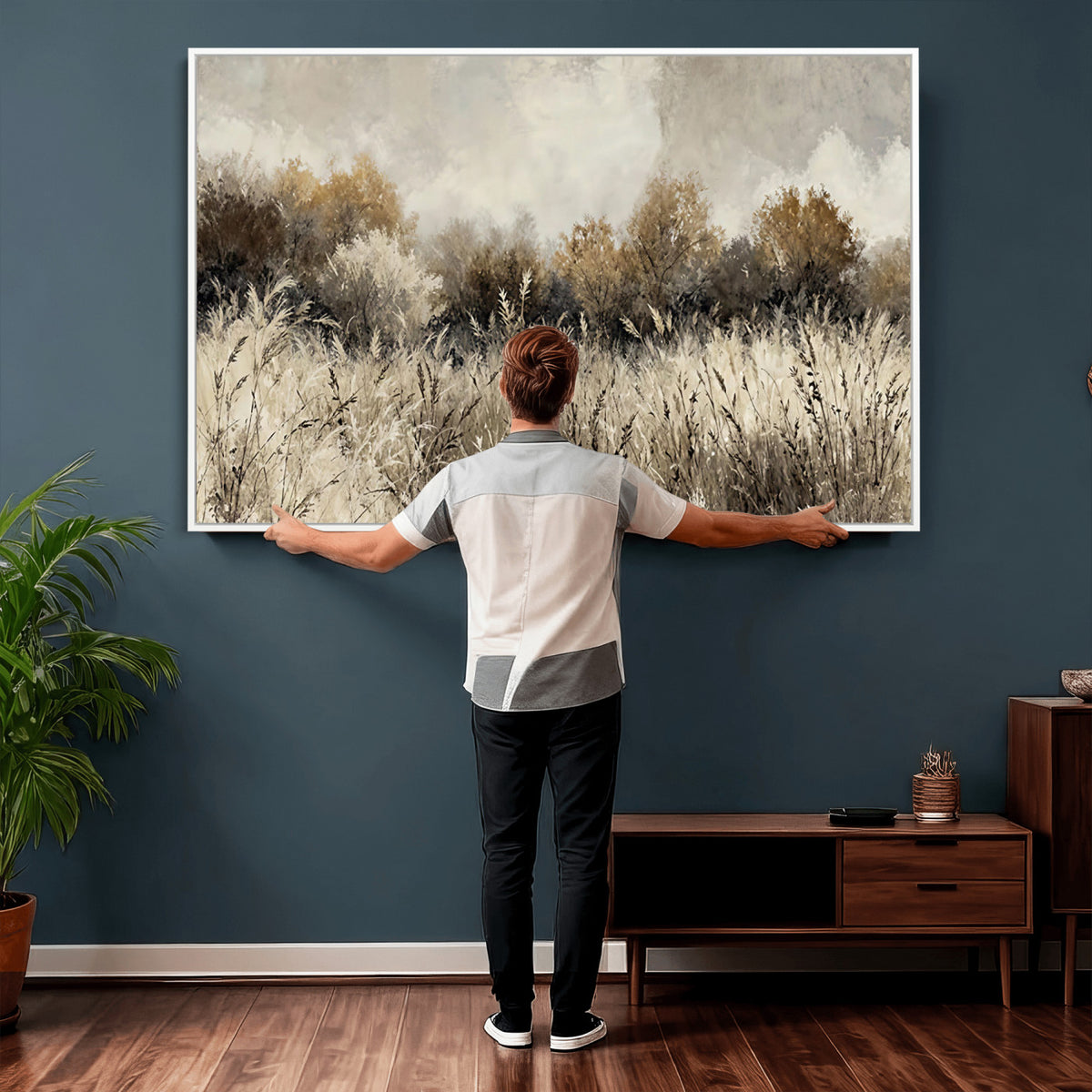 53959945-MGV-TP-30X20 - Muted Neutral Forest Landscape Canvas Wall Art - Vintage Rustic Wildflower Meadow Print