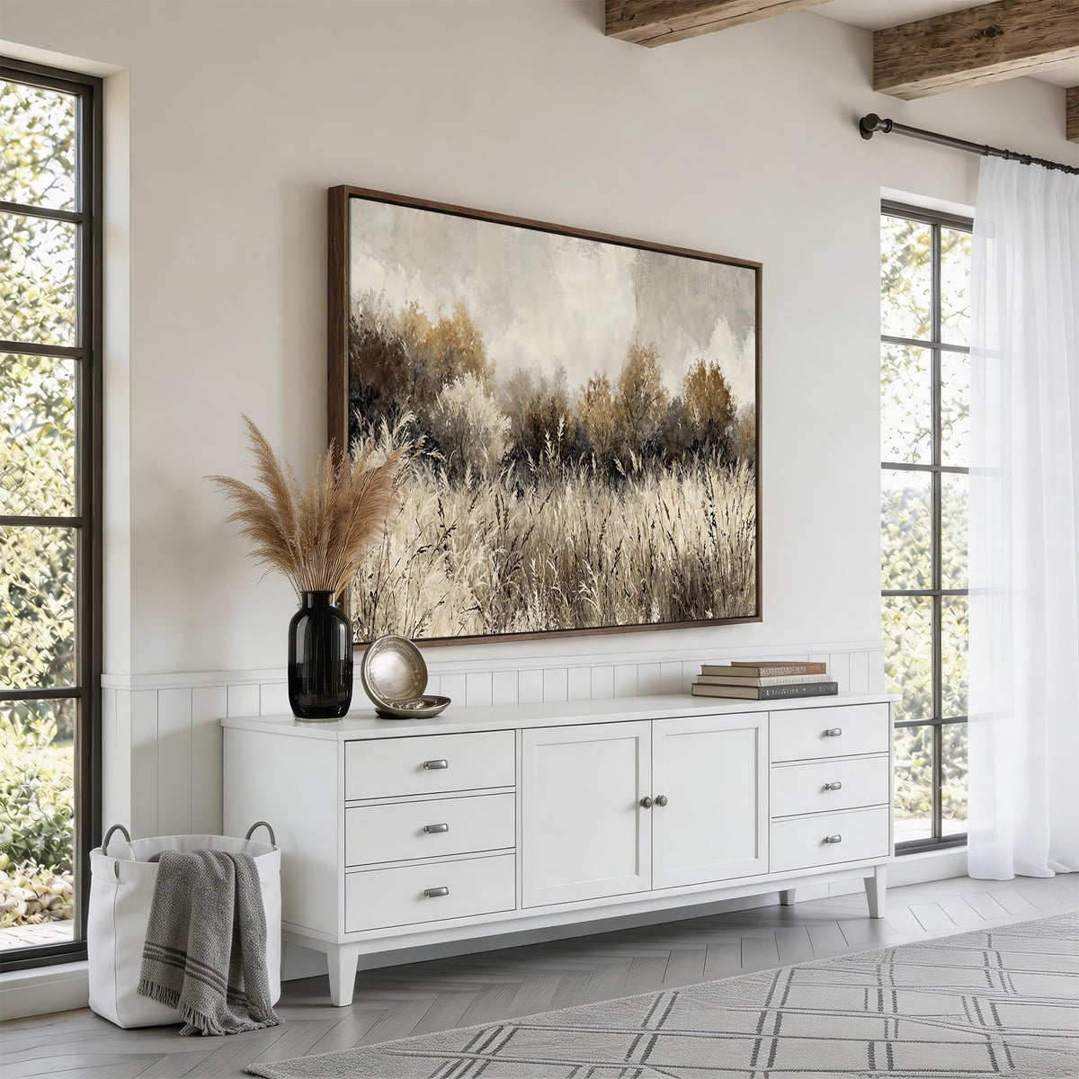53959945-_Poster-30x20 - Muted Neutral Forest Landscape Canvas Wall Art - Vintage Rustic Wildflower Meadow Print