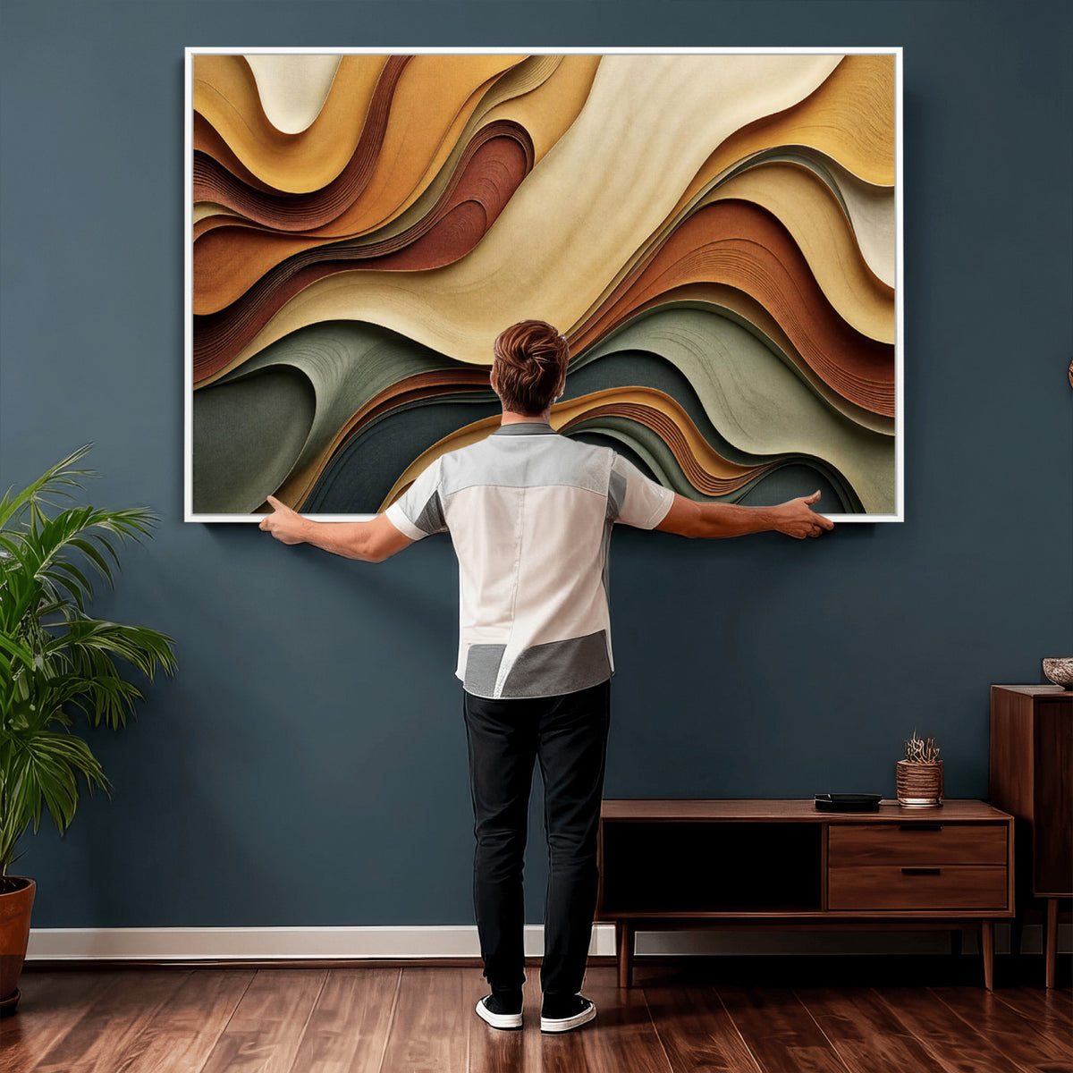 19337902-MGV-CV-36X24 - Modern Abstract Waves Canvas Wall Art - Minimalist Earthy Tone Living Room Decor