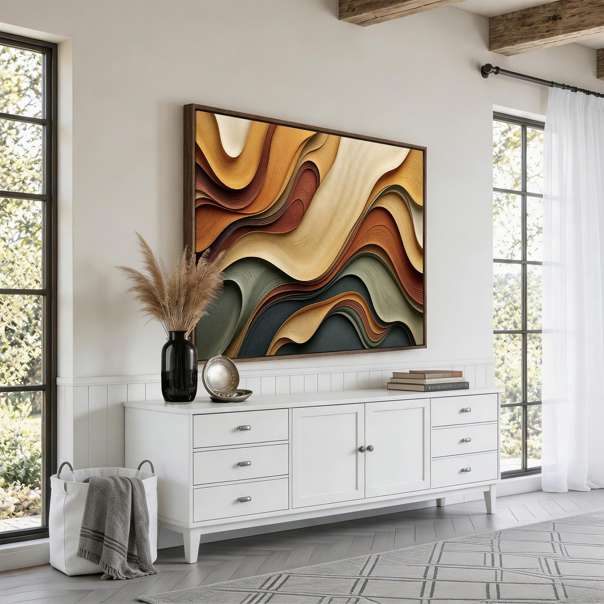19337902-_Poster-30x20 - Modern Abstract Waves Canvas Wall Art - Minimalist Earthy Tone Living Room Decor