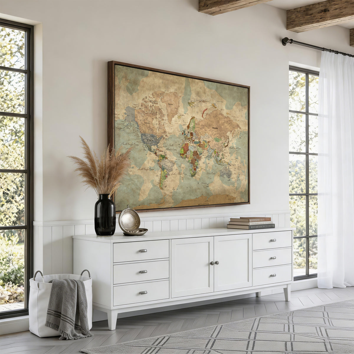 20795898D-MGV-CV-36X24 - Custom Push Pin World Map Wall Art Canvas Print – Personalized Travel Tracker with Pins Framed Large for Home and Office Decor