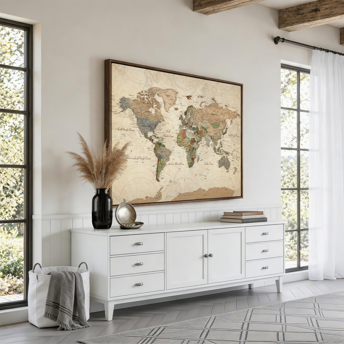 32749414D-MGV-CV-36X24 - Custom Push Pin World Map Wall Art Canvas Print – Personalized Travel Tracker with Pins Framed Large for Home and Office Decor