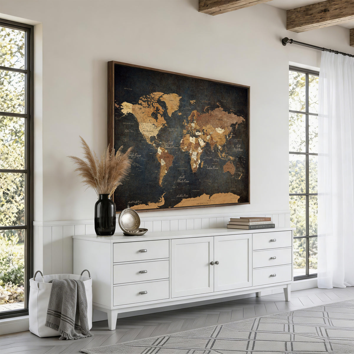 40660012D-MGV-CV-36X24 - Custom Push Pin World Map Wall Art Canvas Print – Personalized Travel Tracker with Pins Framed Large for Home and Office Decor