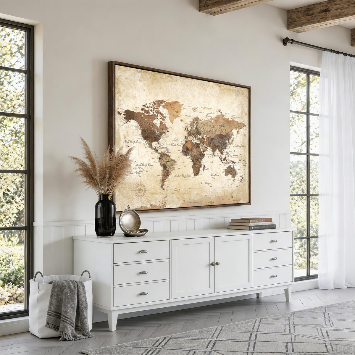 69154703D-MGV-CV-36X24 - Custom Push Pin World Map Wall Art Canvas Print – Personalized Travel Tracker with Pins Framed Large for Home and Office Decor