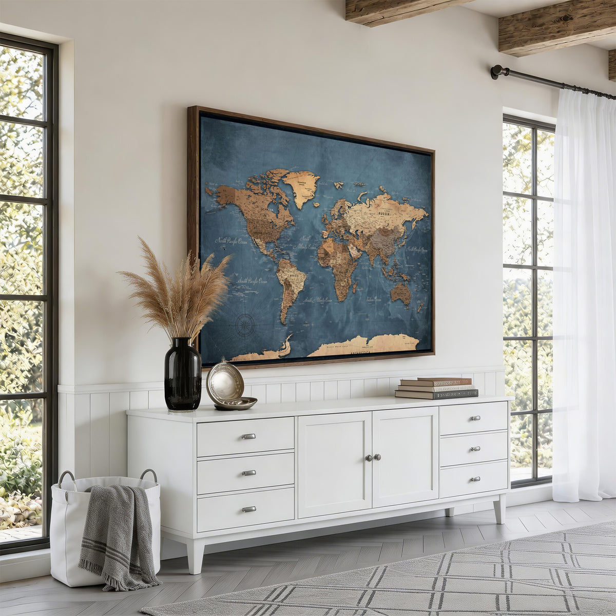 81949666D-MGV-CV-36X24 - Custom Push Pin World Map Wall Art Canvas Print – Personalized Travel Tracker with Pins Framed Large for Home and Office Decor