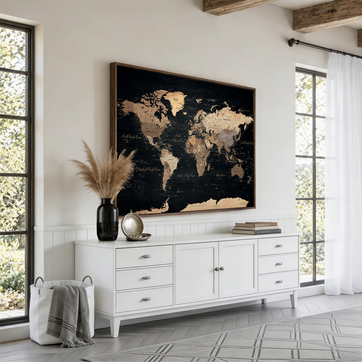 55335455D-MGV-CV-36X24 - Custom Push Pin World Map Wall Art Canvas Print – Personalized Travel Tracker with Pins Framed Large for Home and Office Decor