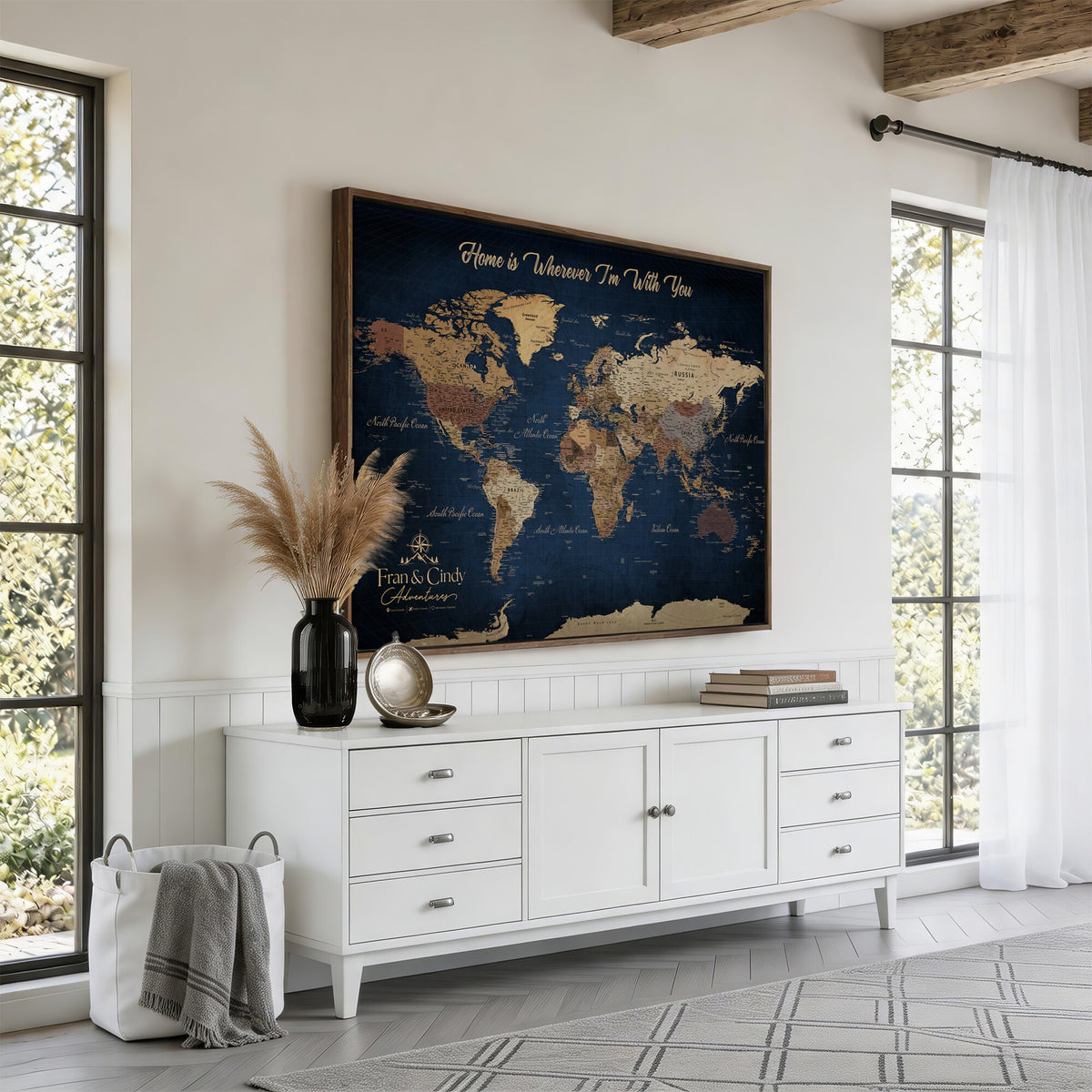 57774467D-MGV-CV-36X24 - Custom Push Pin World Map Wall Art Canvas Print – Personalized Travel Tracker with Pins Framed Large for Home and Office Decor