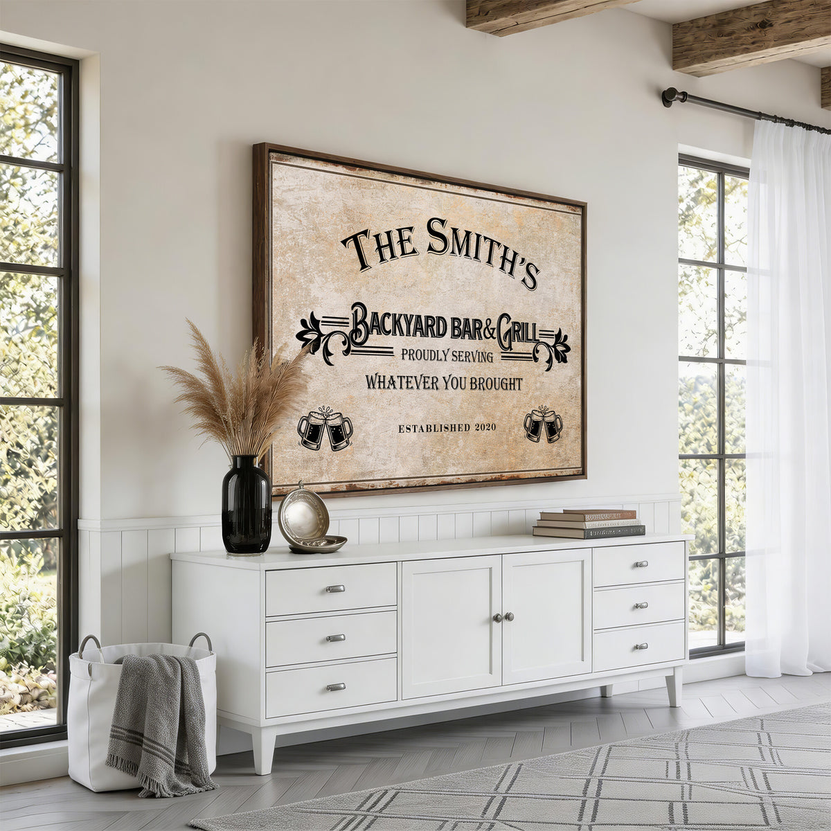 Custom Backyard Bar & Grill Sign, Personalized Family Name Arch Canvas