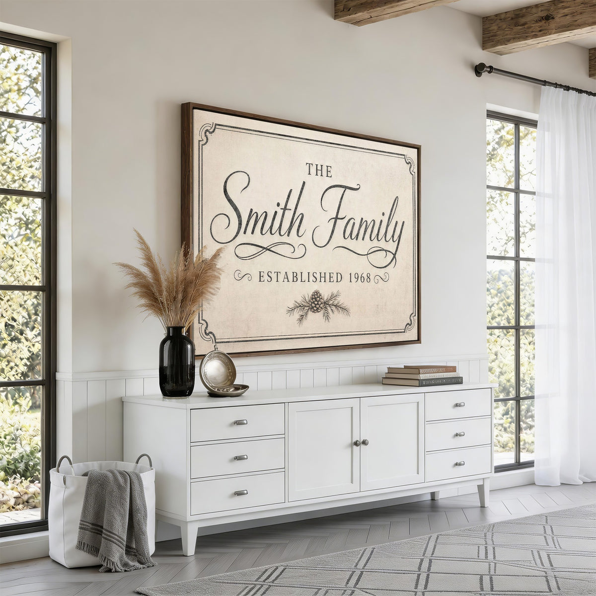 Family name sign with ornamental border in a living room