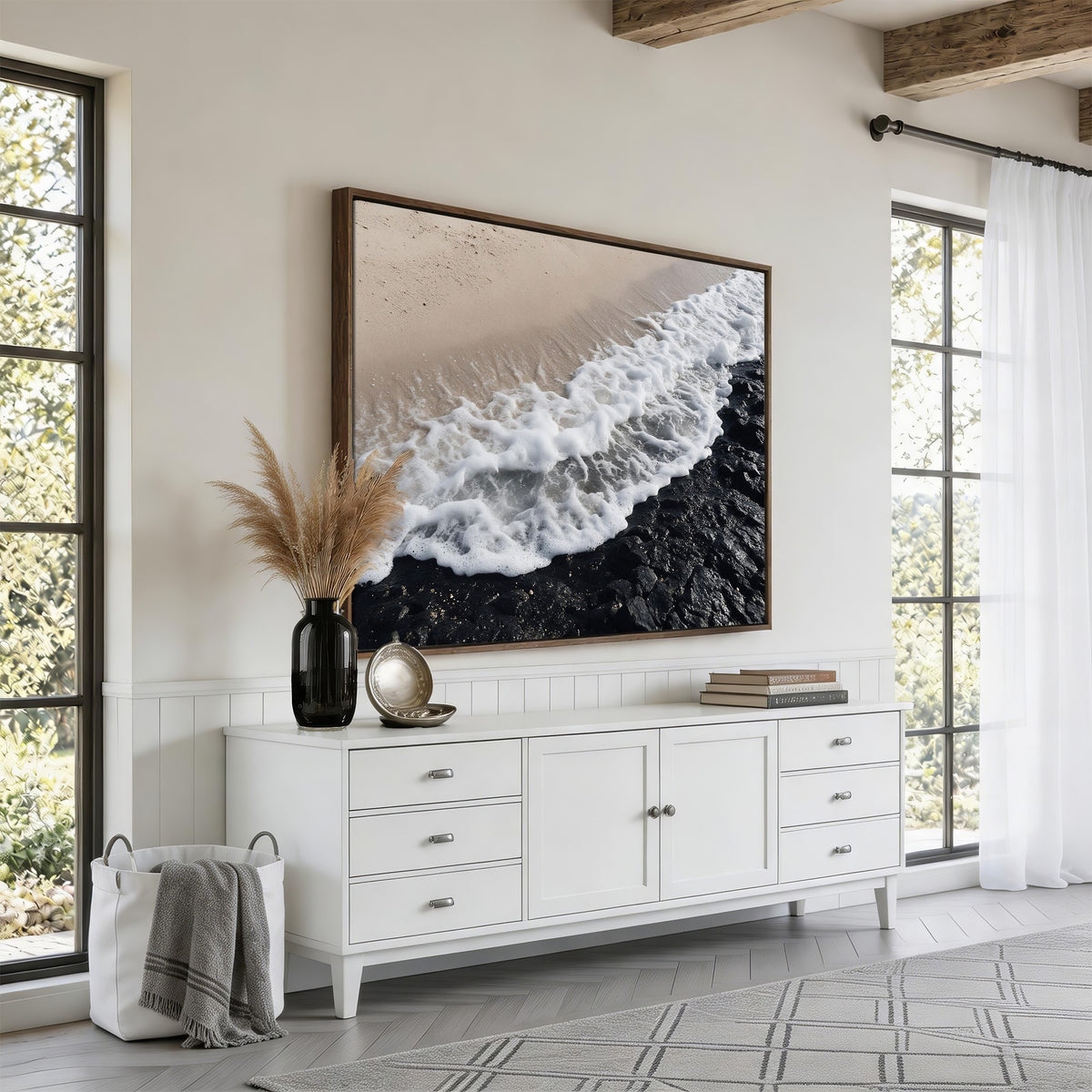 27448606-MGV-CV-24X16 - Ocean Wave Foam on Black Lava Rock Beach Canvas Wall Art Print