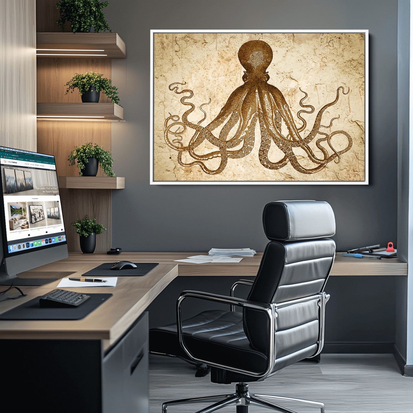 96154-MGV-CV-36X24-Sepia Octopus Wall Art Abstract Animal Canvas Print