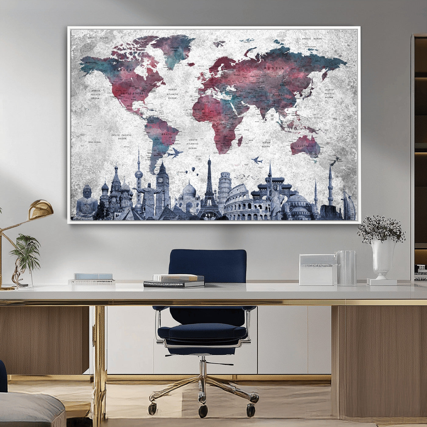 MGV-FC-36X24 - Push Pin World Map Canvas Print – Framed Wall Art for Couples to Track Their Travels – Anniversary