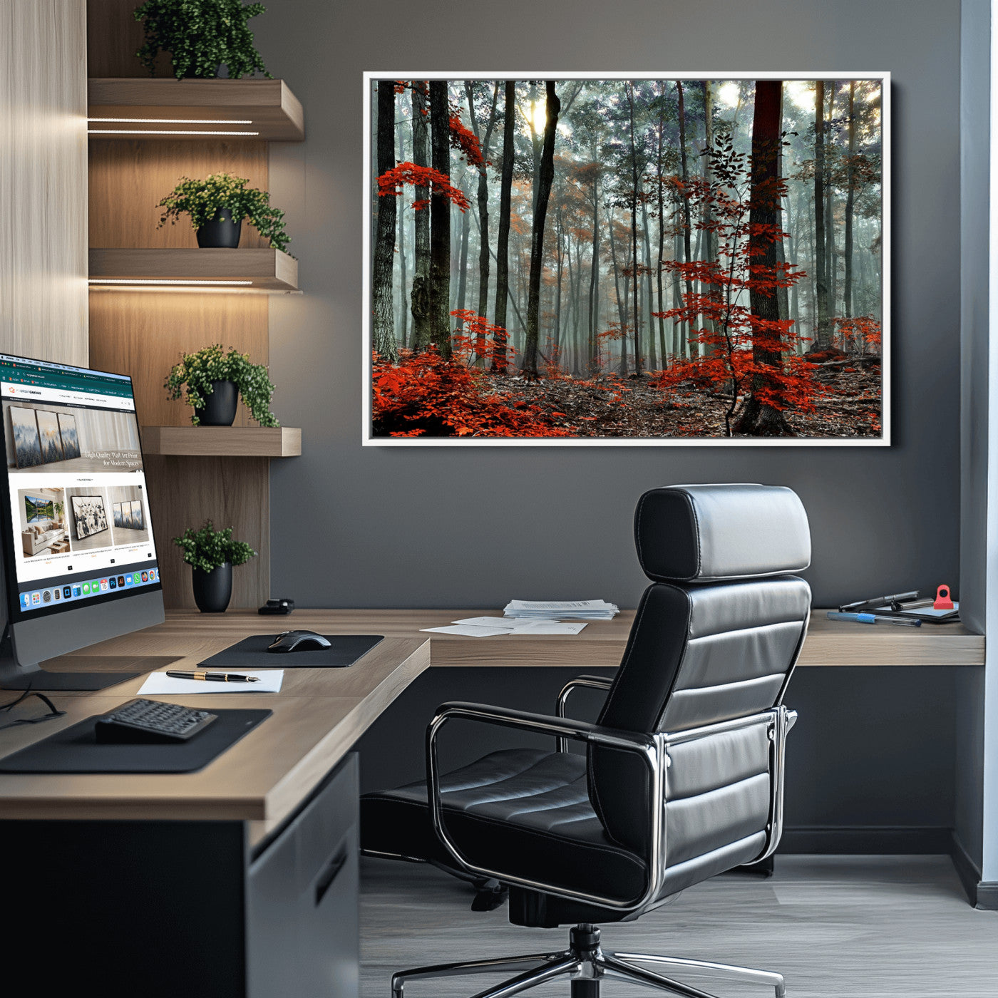 59209-MGV-FC-36X24_White-Autumn Forest Canvas Wall Art – Enchanting Red Leaves Triptych Print – Nature-Inspired Decor for Living Room or Office – Ready to Hang