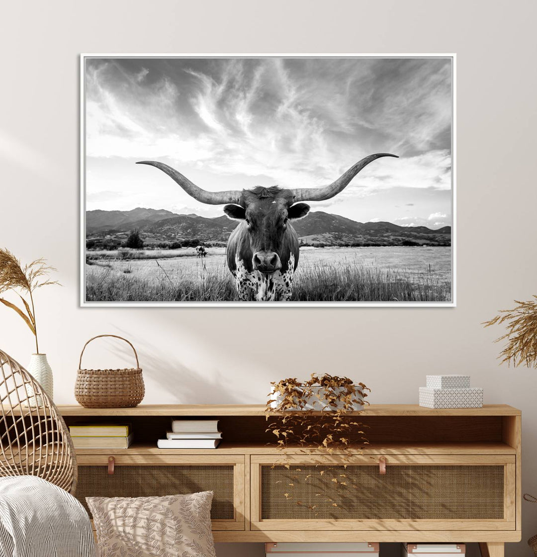 Longhorn Cow Wall Art Canvas Print Farmhouse Wall Art - Texas Longhorn Wall Art Print