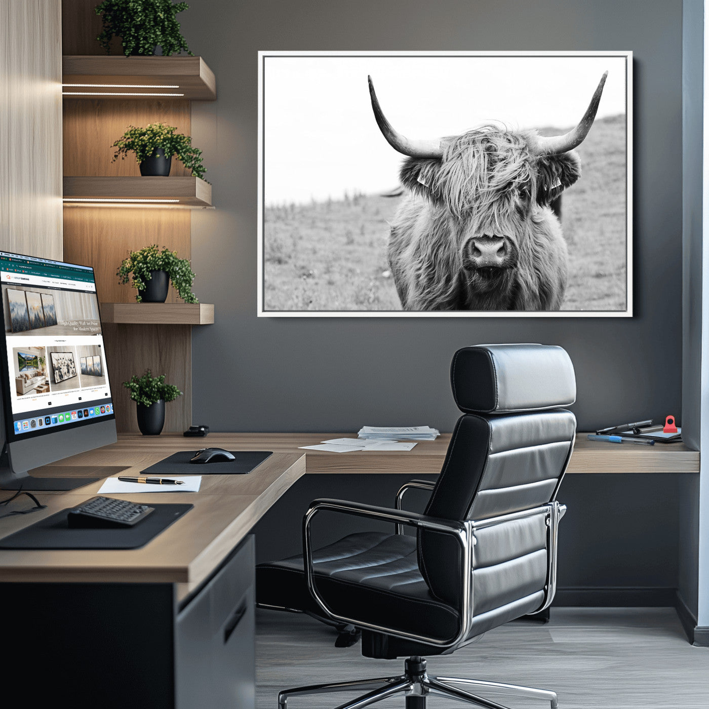 16248-MGV-CV-36X24-Newfoundland Cow Art Wall Art, Black White Cow Art Wall Art Canvas Print