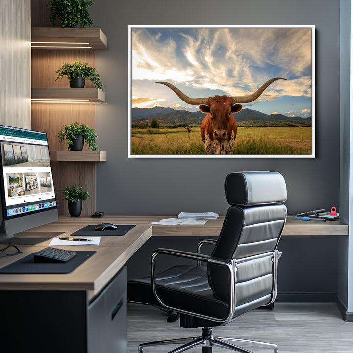 Texas Longhorn Canvas Wall Art – Majestic Triptych Animal Print – Rustic Western Decor for Living Room or Office – Ready to Hang