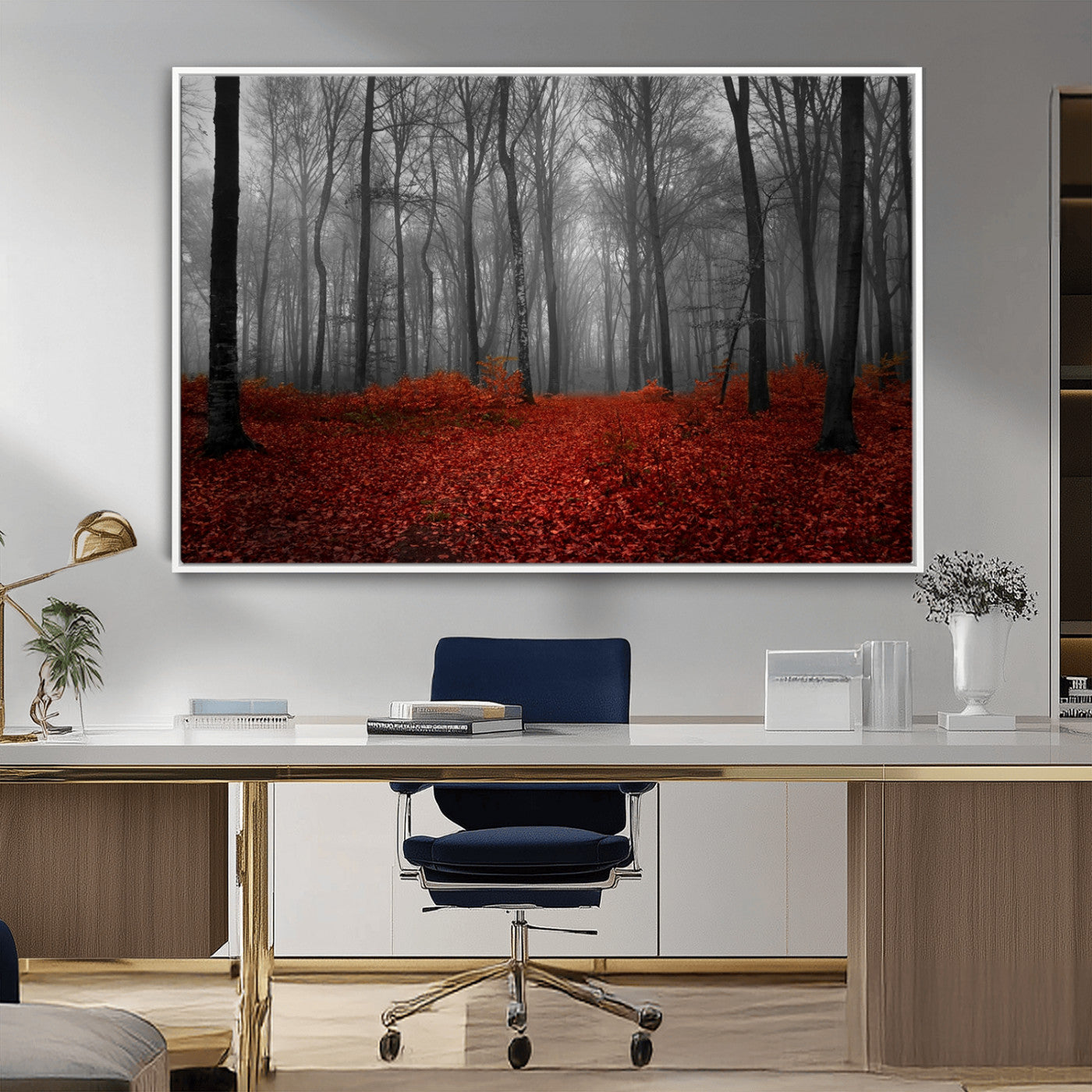-Red Forest Floor Canvas Wall Art – Mystical Foggy Woodland Triptych – Nature-Inspired Decor for