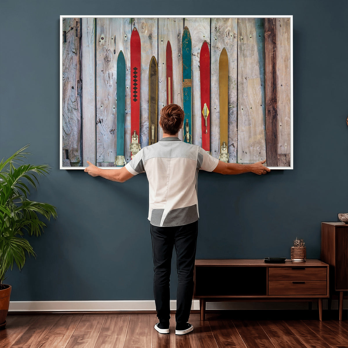 30640-MGV-CV-36X24 - Vintage Wooden Weathered Skis in Front of an Old Barn Wall Art Canvas Print