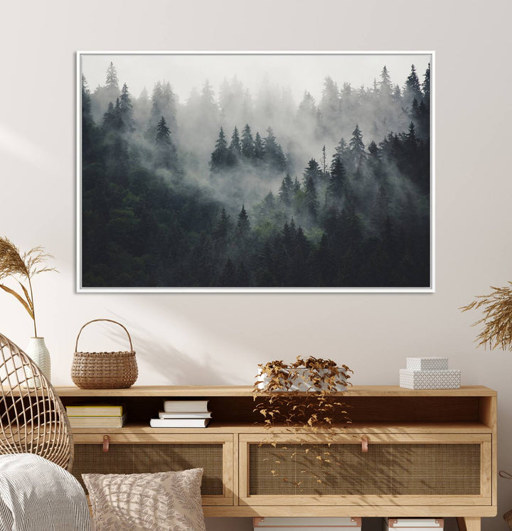 The Serene Triptych Print features tall evergreens, creating a mysterious and calming atmosphere.